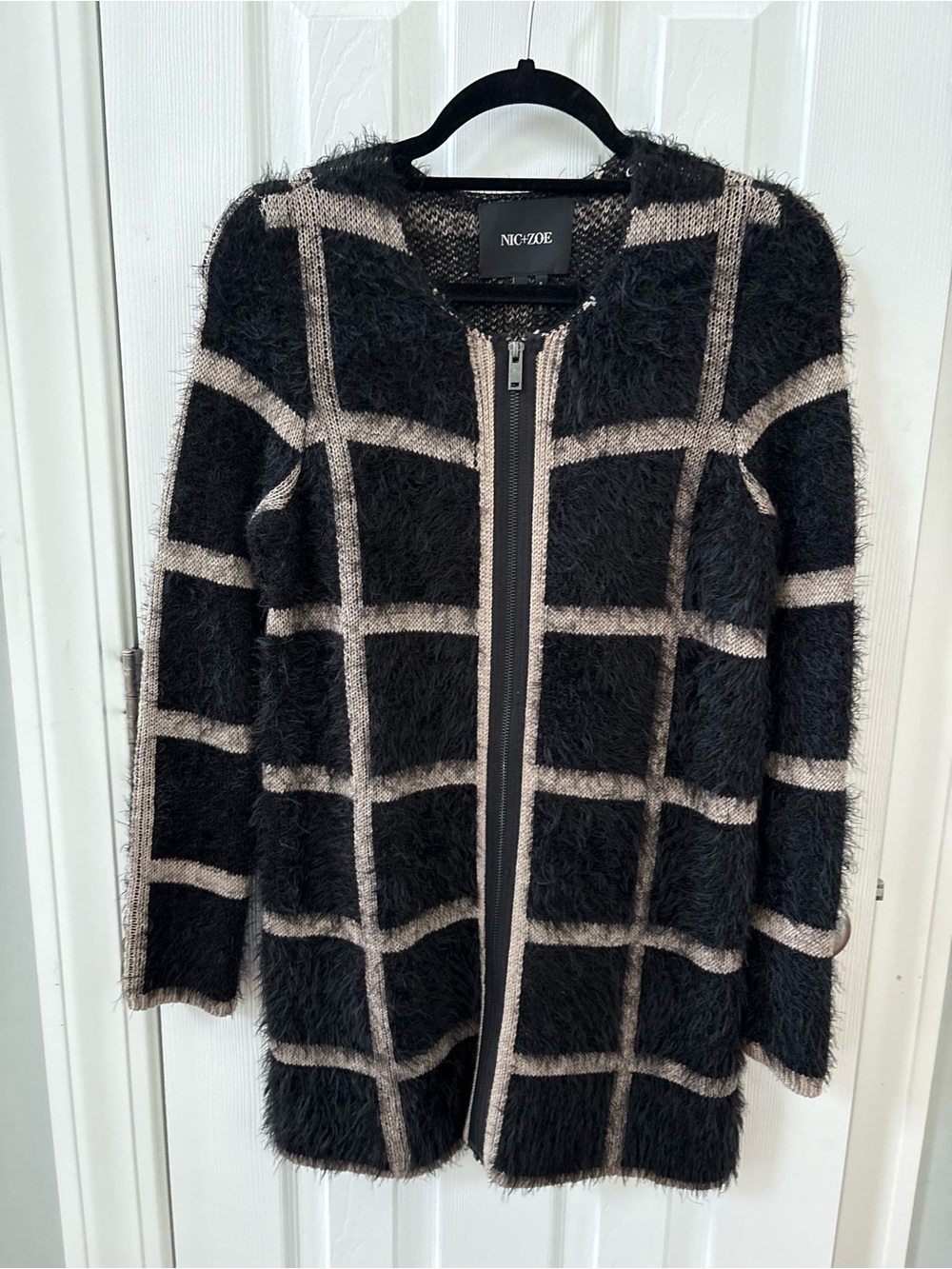 NIC+ZOE Black and Cream Windowpane Zip-Front Teddy Jacket